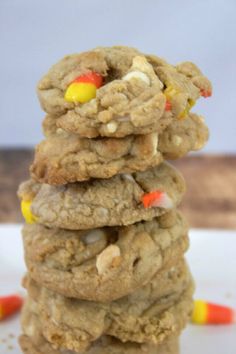 candy corn white chocolate chip cookies stacked on top of each other