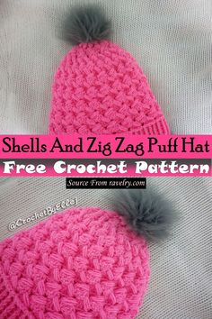 two crocheted hats with pom poms on top and the words shells and zig zag puff hat below