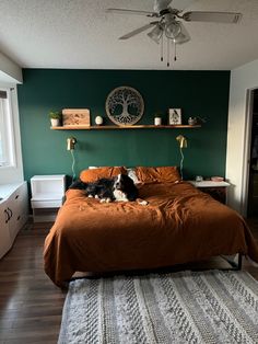 Dark Green Bedroom with Rust Bedcovers. Benjamin Moore Ocean Tropic and Icicle on side walls. Shelf above bed from Rona - Acadia Wood. Wall lights from Amazon - Vatoni Green Room Ideas Bedroom, Dark Green Rooms, Green Bedroom Walls, Green Bedroom Decor, Bedroom Orange, Green Bedroom, Accent Wall Bedroom, Above Bed