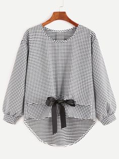 Check Plaid Dip Hem Bow Tie Front Blouse Umgestaltete Shirts, Stylish Blouses, Women Chiffon Blouse, Shirt Refashion, Plaid Tie