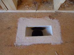 a hole in the floor that has been built into the ground with some wood shavings around it