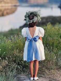 Flower Girl Bow, Toddler Flower Girl Dress, Bohemian Flower Girl Dress, Blue Flower Girl Dress, Bohemian Flower Girl, Toddler Flower Girl, Boho Toddler, Ivory Girls Dress, Linen Flower