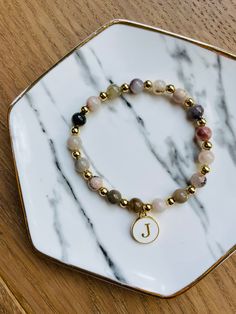 Bracelet Valentines, Initial Charm Bracelet, Bracelet Initial, Stacking Bracelets, Beads Bracelet Design, Natural Stone Beads, Bracelet Design, Stackable Bracelets, Initial Bracelet