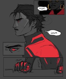 some sort of comic character with red eyes and his hand on his chest, looking at something