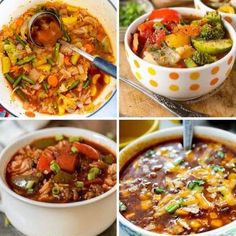 four pictures of different types of soups and stews in white bowls with spoons