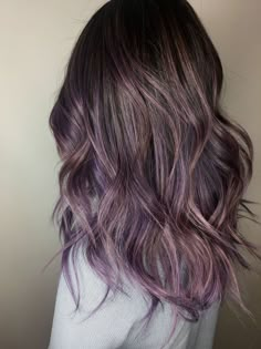 Dark Hair Colored Highlights, Brunette Lavender Hair, Brunette To Purple Hair, Lavender Brunette Hair, Brunette Purple Ombre, Subtle Purple Hair Brunettes, Brunette And Purple Hair, Lavender Brunette, Lavender Balayage Brunette