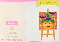 an animated halloween card with a pumpkin on the easel and a trick written above it