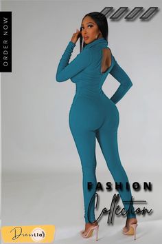 Winter Turtleneck Long Sleeve Backless Skinny Jumpsuit Chic High Stretch Unitard For Night Out, Chic High-stretch Unitard For Night Out, Stretch High Neck Jumpsuits For Night Out, Stretch High Neck Jumpsuits And Rompers For Party, Stretch High Neck Jumpsuit For Party, Winter Blue Stretch Jumpsuits And Rompers, Blue Stretch Jumpsuits And Rompers For Winter, Chic High Stretch Unitard, Chic Stretch Jumpsuits And Rompers For Club