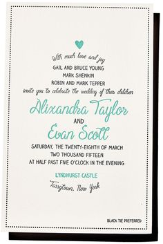 a wedding card with the words and date printed on it's front, in teal green ink