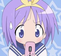 an anime character holding a cell phone in front of her face and looking at the camera