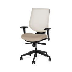 an office chair with wheels on the back and seat upholstered to the side