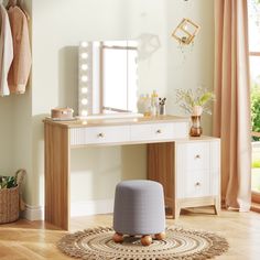 a dressing table and stool in a room