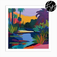 an abstract painting with palm trees in the background and water on the ground below it