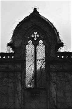 an old building with vines growing on it's side and a window in the middle