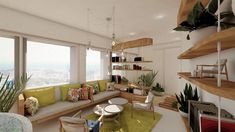 a living room filled with lots of furniture next to a window covered in greenery