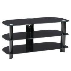 a black tv stand with three shelves on each side