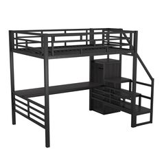 a black loft bed with stairs and storage drawers