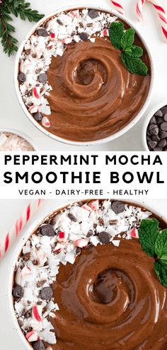 peppermin mocha smoothie bowl with chocolate and marshmallows on top