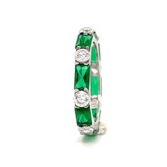 M A T E R I A L S ~ Solid Sterling Silver ~ Rhodium plated to protect from natural silver oxidation ~Vermeil ( Heavy Plating) Choices : Gold Vermeil or Rose Gold Vermeil or Simply Sterling Silver S T O N E S ~ Simulated Green Emerald 8pc ~ Simulated Diamonds 8pc D I M E N S I O N S ~ Band: 3mm R I N G C A R E ~ Simple instructions to care for the ring is not expose your jewelry to chemicals like bleach, chlorine, hairspray, to avoid chemical reactions or breakdown of materials. (Just as you woul Elegant Stackable Emerald-cut Eternity Band, Stackable Emerald Eternity Band Gift, Stackable Emerald Eternity Band As Gift, Elegant Green Stackable Rings With Half Eternity, Elegant Green Stackable Half Eternity Rings, Elegant Green Stackable Eternity Band, Elegant May Birthstone Eternity Band For Anniversary, Baguette Cut Cubic Zirconia Stackable Rings As Gift, Classic Green Eternity Band As A Gift