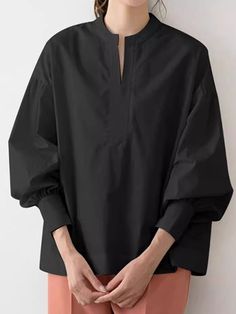 Long Sleeves Loose Solid Color Split-Joint V-Neck Blouses & Shirts Tops BLACK-XL Long Sleeve Loose Blouse, Simple Fits, Womens Long Sleeve Shirts, Loose Blouse, Long Puff Sleeves, Collar Blouse, V Neck Blouse, Black Blouse, Stand Collar