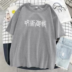 Jujutsu Kaisen Japanese Letter Style Print T-shirts Fashion Anime Tops O-neck Loose Short Sleeve New Summer Soft T Shirt Women's Gray Slogan Top For Summer, Casual Anime Print Crew Neck Top, Casual Anime Print Short Sleeve Tops, Relaxed Fit Crew Neck Top With Character Print, Casual Relaxed Fit T-shirt With Anime Print, Casual Short Sleeve Top With Anime Print, Summer Cotton Tops With Anime Print, Anime Print Cotton Crew Neck Top, Cotton Anime Print Crew Neck Top