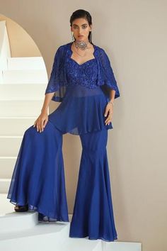 Shop for Seema Thukral Blue Georgette Embellished Cape With Gharara Set for Women Online at Aza Fashions Seema Thukral, Tops Outfit Ideas, Fashion Course, Suits Indian, Tops Outfit, Blue Cape, Female Dress, Western Dress, Dream Wedding Ideas Dresses