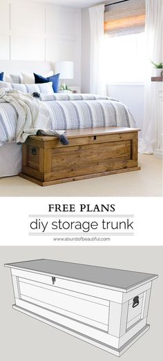 an image of a bed with storage underneath it and the text free plans to build a diy storage trunk