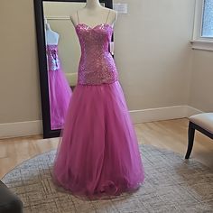 Size 4 Fuchsia (Barbie Pink) Sequin Fit And Flare Or Mermaid With Lace Up Back W/ Tulle Skirt By Blush Prom Style #9762. This Gown Has Been Changed From Original Look, But Not Altered Nor Worn. Tag Still Attached. Thin Round Straps Have Been Hand Stitched On But Is/Can Be Worn Strapless. Back Lace Up With Adjustable Privacy Panel Or Can Be Worn Without As Zipper Below. All Ab Style Crystals Were Removed From This Dress For A Clean Sleek Look. Tulle Skirt Is Layers Full And Has Crinoline Between Unique Prom Themes, Blue Sparkly Prom Dress, Princess Stuff, Blush Prom Dress, Prom Themes, Sparkly Prom Dress, Blush Gown, Full Tulle Skirt, Fashion Gowns