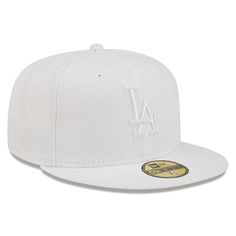 Officially Licensed MLB Men's New Era White on White 59FIFTY Fitted Hat - Los Angeles Dodgers  This authentic Fanatics baseball hat is perfect for showcasing team spirit.  Flat bill design with ability to curve for a super trendy look and great addition to your sports apparel collection.         Embroidered graphics with raised details, High Crown          Material: 100% Polyester      Six-panel construction with eyelets, Structured fit-fitted      Brand: New Era      Care: Wipe clean with a dam Classic Fitted Baseball Cap For Baseball Season, Classic Fitted Baseball Cap, Flat Bill Baseball Cap For Sports Events, Classic Flat Brim Fitted Hat For Baseball Season, Baseball Cap For Sports Events With Flat Brim, Classic Baseball Cap With Flat Brim, Flat Bill Hats For Baseball Season Sports Events, Classic Flat Bill Hat For Baseball Season, Flat Brim Baseball Cap For Baseball Season