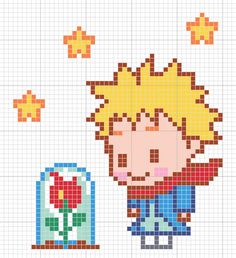 a cross stitch pattern with a little boy next to a flower