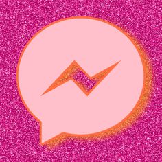 a pink speech bubble with an orange arrow in the center on a purple glitter background