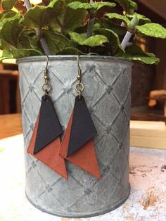 a plant in a pot with two black and red triangles hanging from it's sides