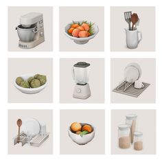 there are many different types of kitchen appliances in this picture set, including blenders, mixers, plates and utensils