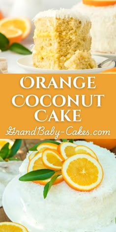 an orange coconut cake on a plate with the title above it