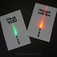 two greeting cards with lightsabes on them that say, welcome to the force you