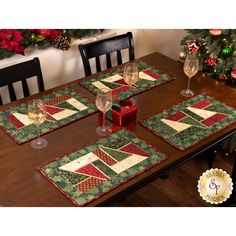 the table is set with place mats and wine glasses