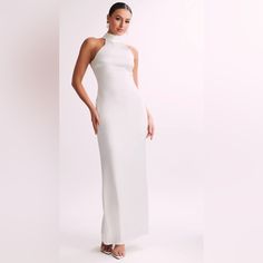 Never Worn, Tag Still On, In Perfect Condition! Perfect For Any Bridal Event Elegant White Maxi Dress For Dinner, Elegant White High Neck Maxi Dress, White Sheath Maxi Dress For Formal Occasions, White High Neck Dress For Party, Elegant High-neck Dinner Dress, Elegant High Neck Dress For Dinner, Elegant High Neck Dinner Dress, White Fitted Maxi Dress For Cocktail, Fitted White Maxi Dress For Cocktail