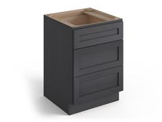 a black cabinet with two drawers on the bottom and an open drawer in the middle