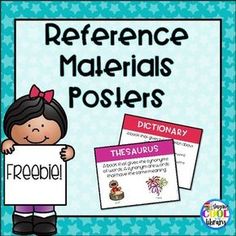 Reference Materials Posters - Freebie Thesaurus Words, Library Lesson Plans, Library Media Specialist, Free Posters, Library Media Center, Library Skills, Information Literacy, Language Arts Elementary, Teacher Technology