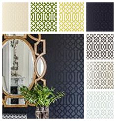 an assortment of wallpapers in various colors and patterns with a mirror above them