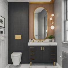 a bathroom with a toilet, sink and mirror in it's center piece is shown