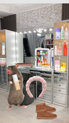 a rat is standing in front of a desk with cosmetics and other items on it