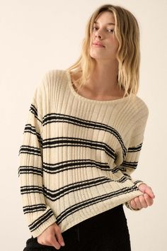 Rule the World Striped Ribbed Knit Sweater - ShopPromesa Ribbed Knit Sweater, Drop Shoulder, Round Neckline, Knit Sweater, Ribbed Knit, Knitted Sweaters, Relaxed Fit, Knitting, Long Sleeve