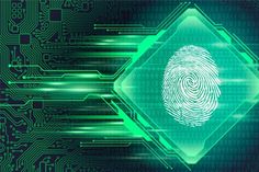 a fingerprint on top of a computer chip with green lines and dots around it