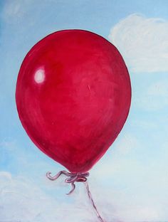 an oil painting of a red balloon floating in the air on a blue sky background