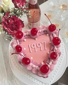 vintage inspired cake, heart cake, cherry, pink, girly, coquette, 1997, birthday 1997 Birthday, 27th Birthday Cake, 27 Birthday Ideas, 28th Birthday Ideas, 26 Birthday Cake, Girly Birthday Cakes, Cake Cherry