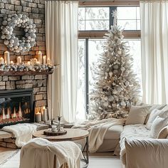 a living room filled with furniture and a christmas tree next to a fire place in front of a window