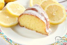 a slice of lemon bundt cake on a plate