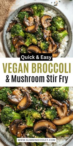 a bowl filled with broccoli and mushrooms on top of rice