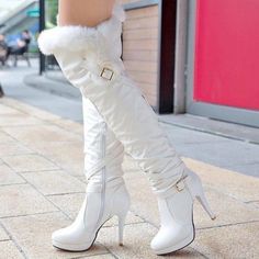 White Stiletto Heels, Thigh High Platform Boots, Long Leather Boots, White Stilettos, Fur Shoes, Womens Shoes High Heels, White Boots, Fur Boots, Winter Boots Women